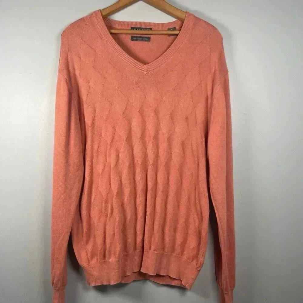 Lyle & Scott Sweater Men's Size M Pullover‎ Coral Orange Cotton Diamond V Neck